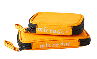 Microdot ® accessories including Orange Case, microdot ® Orange protective cover, and microdot ® disinfection case and timer. 