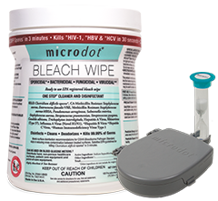 microdot® Bleach wipe tub, disinfection case, and timer.