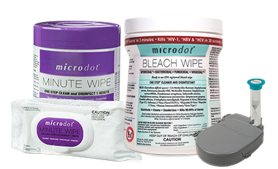 microdot ® Minute WIpes, microdot ® Bleach wipes, and microdot ® Disinfection kit.